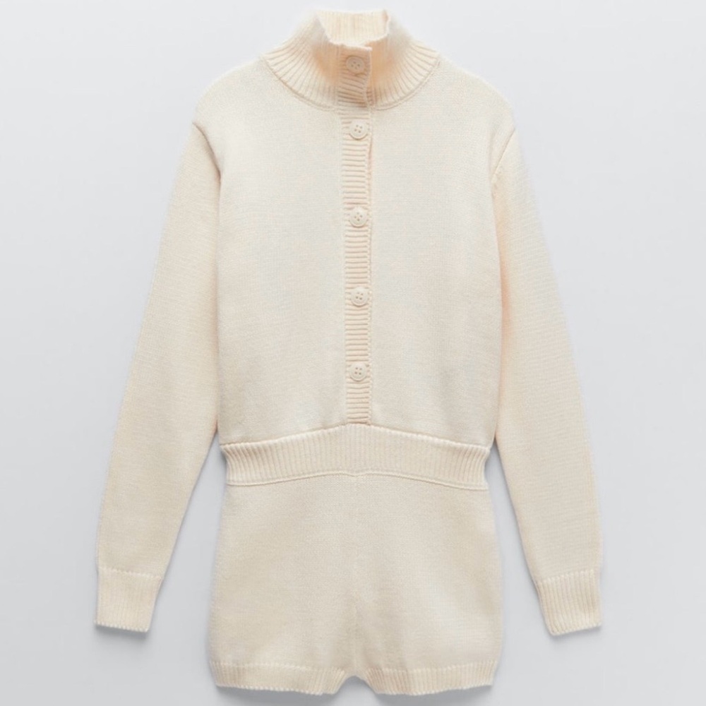 Zara Limited Edition Wool Blend Cream Button Knit Long Sleeve Playsuit Romper - Picture 13 of 14